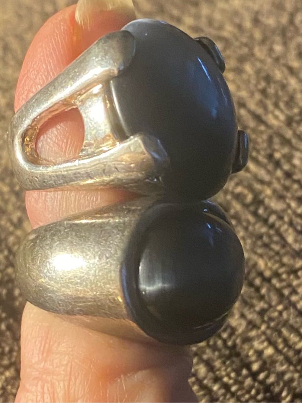 Vintage Cat's Eye Statement Ring Lot (2) Grey Blue & Black Moon Glow Size 6 Boho